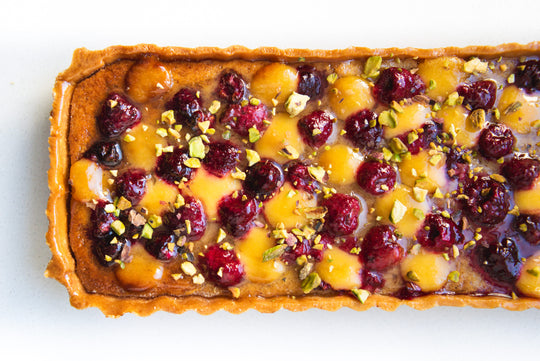 Raspberry and lemon curd frangipane tart long