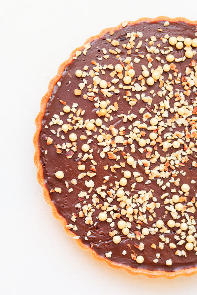 Chocolate caramel and hazelnut tart